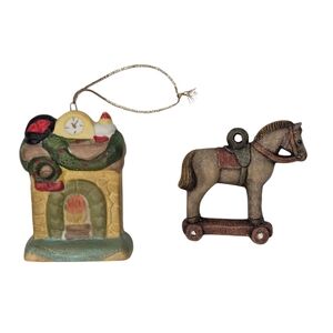 Christmas Fireplace And Rocking Horse Holiday Ornament Set